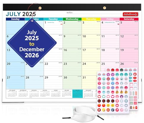 Calendar 2026 Large Wall Calendar 2025-2026 with Waterproof Cover Monthly Planner from Now until December 2026 with Large Blocks Daily Monthly Planning Organizer, 43 x 31 cm - Colorful