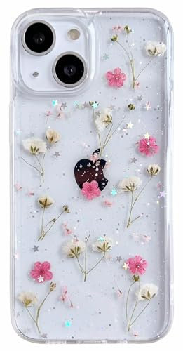 AMART for iPhone iPhone 13 Mini Case Flowers, Clear with Pressed Dried Pink Gypsophila Flower Cute Glitter Design Women Girls Floral Aesthetic Soft TPU Phone Cover for iPhone 13 Mini(5.4 inch)