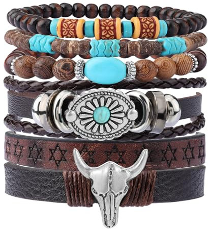 MILAKOO Y2K Western Style Leather Bracelets 5Pcs Bohemian Hand Rope Star of David Punk Cuff for Unisex