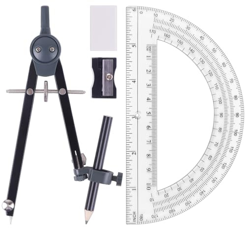UNJOO Professional Compass for Geometry Set, Metal Compass with Wheel and Lock for Geometry, Drawing Compass Tool, Circle Drafting Tool, and 6 Inch Math Protractors 180 Degree (Black)