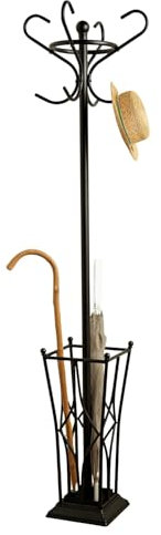 3 Pagen® Retro-Garderobenständer mit Schirmständer aus Metall – Freistehender Kleiderständer Schwarz – tropfsicherer Gitterkorb – Inkl. 8 Kleiderhaken für Jacken, Taschen & Accessoires – H 170 cm