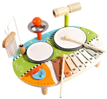Jiuvaso Ensemble de Batterie pour Enfants, Jouet de Batterie éducatif Multifonctionnel à Percussion en Bois