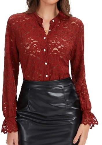 WOWENY Blusa de encaje para mujer, manga larga, elegante, cuello alto, blusa de encaje, camiseta informal