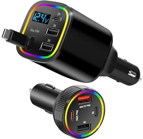 4 in 1 Auto Ladegerät Zigarettenanzünder USB C Adapter 85.5W+78W(Schwarz) | 12V/24V Schnellladung | Einziehbares Design | LED-Spannungsanzeige | RGB-Beleuchtung | Kompatibel mit ios & Android