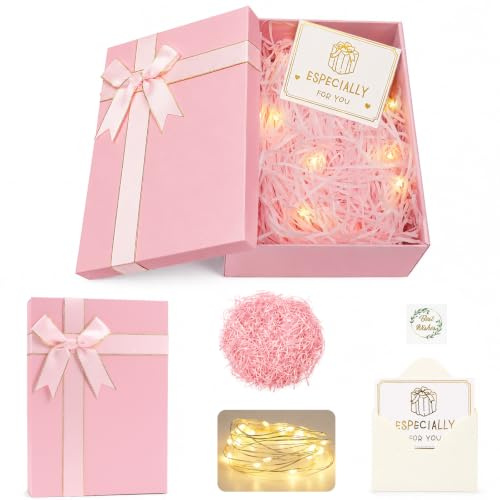 Geschenkbox mit Deckel Geschenk Box mit LED-Lichterketten,Gift Box Faltbar | Geschenkkarton 22×16×8cm mit Raffia,Grußkarten,Geschenke Box für Weihnachten Geburtstag,Hochzeite und Valentinstag,Rosa