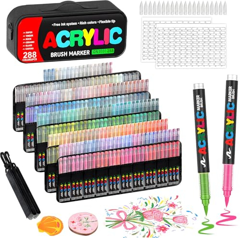 Gunsamg 288 Farben Acrylstifte Set für Steine Wasserfest mit 1-5mm Pinselspitze und eine leicht zu tragende Leinentasche Acrylstifte Wasserfest für Glas, Hol, Ostern und Weihnachten(288Markers+1Bag)