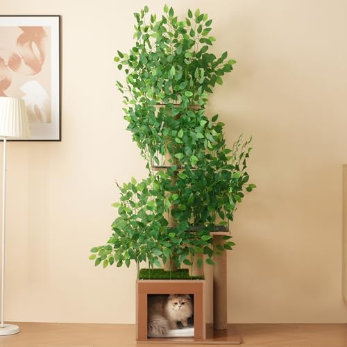 Árbol rascador de 190 cm de alto con 4 plataformas y agujeros para gatos. Material seguro para mascotas, hojas extraíbles, impermeable y resistente a la humedad, adecuado para gatos (verde)