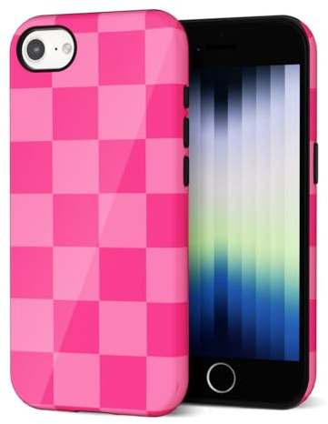 Svanove Checkered Phone Case for iPhone SE Case 3rd 2nd 7 8 Plaid Lattice, Girly Cute Case for Women, Aesthetic Checker Print Design, Slim Thin Hard Shell Plastic Cover, Hot Pink