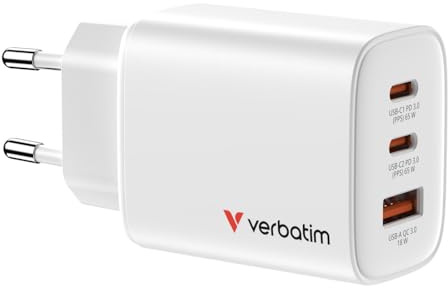 Verbatim Essentials GaN Charger 65 W, 2 Ports USB-C Charger PD 3.0, 1 Port USB-A QC 3.0, Quick Charger as Multiple Plug for Apple MacBook, Notebook, iPad, iPhone 15 - iPhone 17, Samsung, White
