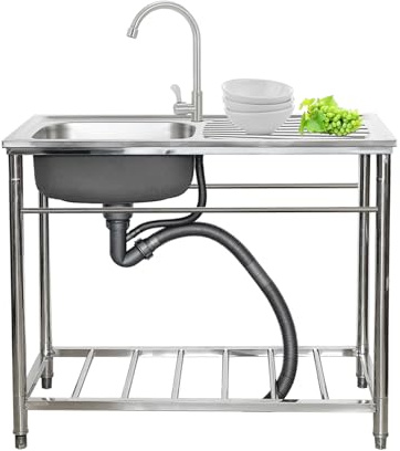 WBJGUOD Multifunction Stainless Steel Sink - Commercial Kitchen with Workbench for Outdoor or Indoor Free Standing Utility Splash Guard