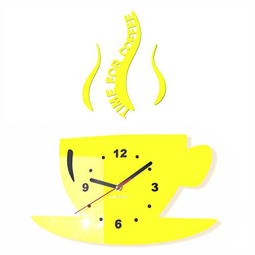 FLEXISTYLE Tasse Time for Coffee (Zeit für Kaffee) Moderne Küche Wanduhr, Zitronengelb, 3D römisch, wanduhr deko, z16_4a