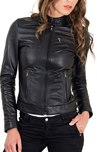 KYZER KRAFT Damen Lederjacke Bomber Motorrad Biker echtes Lammfell Lederjacke für Damen, schwarz, Small