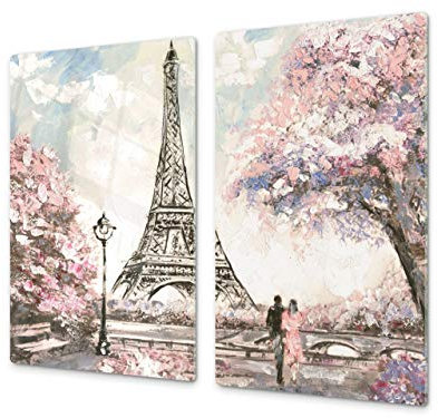 Cubre vitrocerámica y tabla de cortar de cristal templado – Superficie de vidrio templado resistente – UNA PIEZA (60 x 52 cm) o DOS PIEZAS (30 x 52 cm); D13 Serie Dibujos: París 5