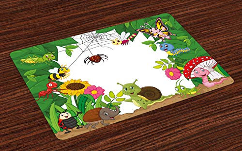ABAKUHAUS Kindergarten Platzmatten, Glückliche kleine Schmetterlinge Insekten Insekten Comic Raupen Libellen Spinnennetz, Tiscjdeco aus Farbfesten Stoff für das Esszimmer und Küch, Grüner Mehrfarbig