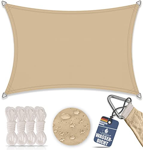 bonsport Sonnensegel Rechteck wasserdicht 2x4 m Sand - Sonnenschutz rechteckig mit UV-Schutz für Garten, Balkon Terrasse, Camping