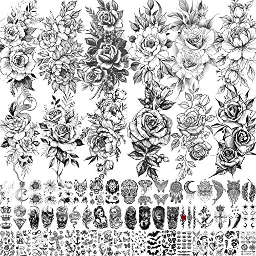 LAROI 63 Blätter Rose Blume Temporäre Tattoos Frauen Klebetattoos Erwachsene, 3D Rosa Blumen Klebe Fake Tattoos, Realistisch Schlange Schwarz Tattoos Zum Aufkleben Damen Haut Festival Accessoires