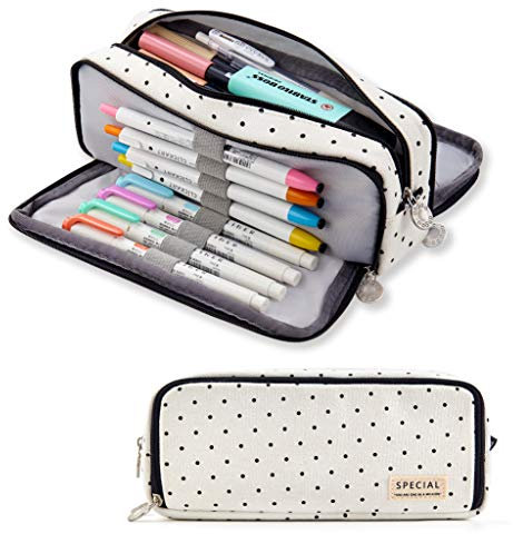 ANGOOBABY Großes Federmäppchen, große Kapazität, 3 Fächer, Segeltuch, Federmäppchen für Teenager, Jungen, Mädchen, Schulstudenten (schwarzer Punkt)