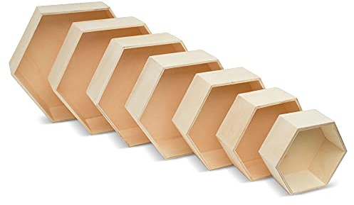 Woodpeckers Schweberegal aus Holz, sechseckig, mit Rückenlehne, 2 Sets von 7 Stück, unlackiert für Bastelarbeiten und DIY-Wanddekoration: modern, geometrisch, rustikal, oder Wabenstruktur,