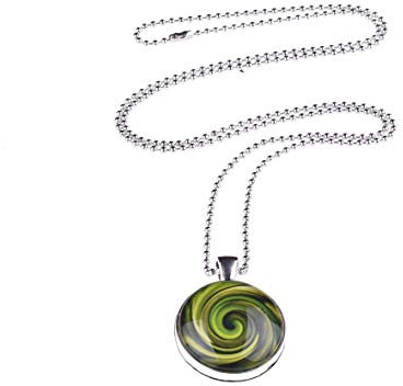 Adi Modeschmuck Kette 'Sabrina', 70cm lange Kugelkette mit einem zweiseitigen 25mm Anhänger mit farbigen Motiven unter Glas Cabochons, handgearbeitet in Berlin (Oliv)