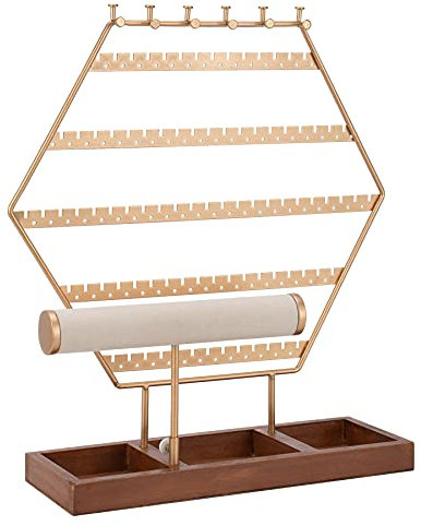 QILICZ Schmuckständer Gold Ohrringständer Schmuckhalter - Ohrringhalter Ohrring Organizer mit Ring und Ketten Schmuckregal, T Form Armbandständer und Holz Schmuckaufbewahrung Sechseckig