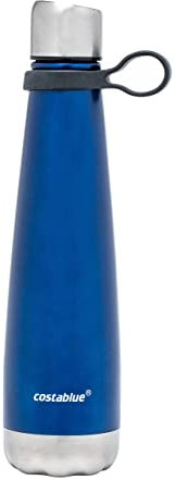 Costablue Santa Monica Vacuum Insulated Doble Wall Stainless Steel bottle 17 oz 500 ml No sweating leak proof push open push close lid sport flak reusable metal water bottle Ocean Blue metallic finish