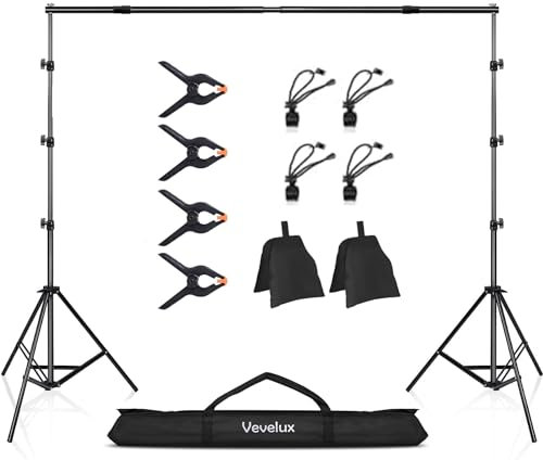 Vevelux einstellbares Hintergrund Ständer aus verstärkte Aluminiumlegierung, 2 * 3 m Hintergrund Unterstützungssystem mit 8 Klammer, 2 Sandsack & Tragetasche für Innenfotografie und Videoaufnahme