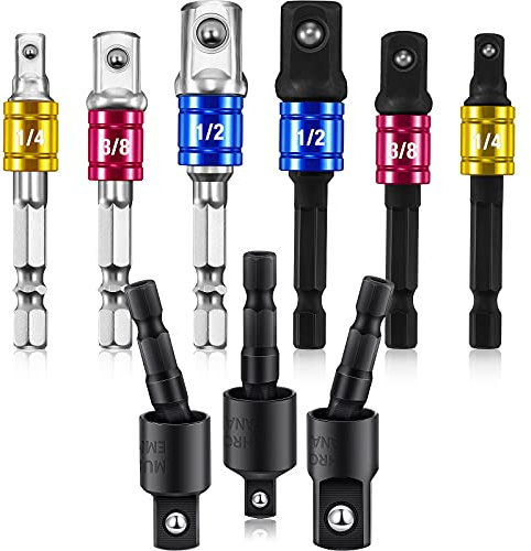 9 Pieces Drill Bit Sockets Adapter Extension Set Including 6 Pieces Hex Shank Universal Socket Adapter Set 3 Pieces 360 Degree Rotatable Hex Shank Drill Adapters for Household Workplace (Black)