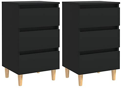 vidaXL 2X Nachttisch mit Massivholz-Beinen 3 Schubladen Nachtschrank Nachtkonsole Nachtkommode Schlafzimmer Schrank Kommode Schwarz 40x35x69cm