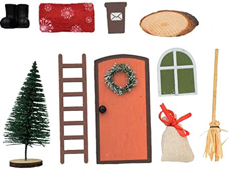 Geschenkestadl Wichteltür 10 cm Set 10teilig Holztür Elfentür Wichtel Leiter Besen Zubehör
