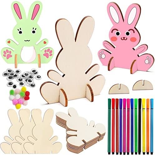 Hpbaggy 6pcs Hasen aus Holz zum Bemalen,Diy Osterhase Deko,Osterhase Holz Bemalen,Holzanhänger Ostern Deko,Ostern Holz Hase mit Bunte Mini Pompons und Kulleraugen,Osterhase Kinder Bastelsets