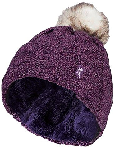 HEAT HOLDERS - Ladies Warm Knit Fleece Lined Cuffed Thermal Winter Bobble Hat with Pom Pom (One Size, Purple)