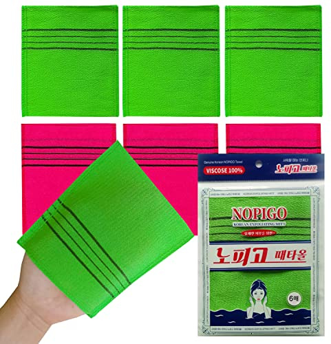 NOPIGO The Original Korean Exfoliating Mitt Body Scrub-6pcs (green3 red3) Asian Exfoliating Bath Washcloth for Dead Skin, Bath Sponge,Body exfoliate Glove.