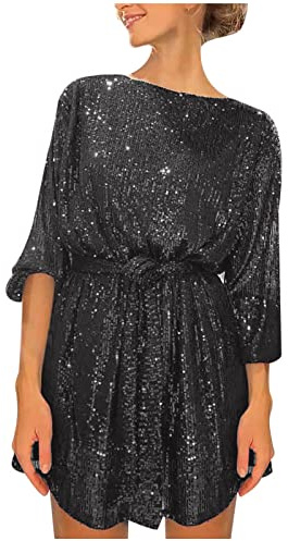 Azruma Kleid Damen Langarm Winter blusenkleid Damen Oversize Kleid Damen&I3 Sexy Pailletten Rundhals Mini Kleid Elegant Langarm Kurz Kleid Sommer Party maxikleid Dunkelgrau S