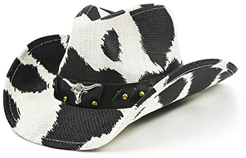 FLUFFY SENSE. Cowboyhut mit Kuhdruck für Damen, lustiger Cowgirl-Hut – Strohhüte für Frauen mit formbarer Krempe, Country-Konzert-Outfits, Junggesellinnenabschied, Hut, Schwarz, 6 7/8-7 5/8
