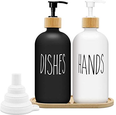 Mamiddle Seifenspender Schwarz und Weiss Matt Set 500ml Seifenspender Glas mit Tablett Spülmittelspender Shampoo Spender Soap Dispenser für Küche und Dusche (Schwarz + Weiß)