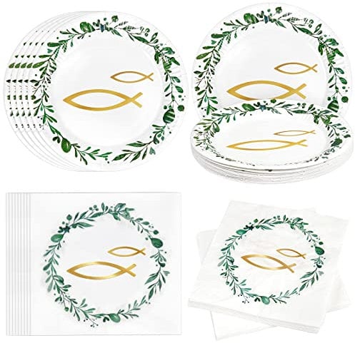 Fennoral 40 pezzi tovaglioli pesce in verde corona tovaglioli cresima con piatto di carta tovaglioli di carta comunione per ragazzi ragazze Baby Shower compleanno decorazione tavola battesimo