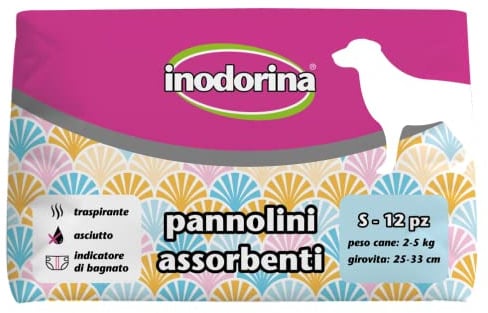 Inodorina, Disposable Absorbent Nappies, Breathable Technology and Wet Indicator, with Tail Hole and Long Fins, for Dogs with Weight 2-5 kg, Size S, 12 pieces