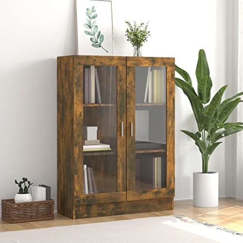 Homvdxl Floor Display Cabinet, 3-Tier Tall Bookshelf with Glass Doors 3 Cube Shelves, Bookcase Sideboard Cabinet for Bedroom, Living Room, Kitchen, Home Office (Oak)
