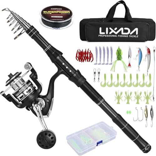 Lixada Angelrute Reel Combo Teleskop Angelrute mit Angelschnur, Angelköder Kit & Zubehör und Tragetasche für Salzwasser Süßwasser Angeln Zubehör Kit