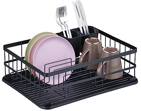 Relaxdays Dish Drainer, with Drip Tray, Drying Rack for Plates, Bowls, Cups, 15 x 42.5 x 32 cm, Crockery Holder, Black, Iron