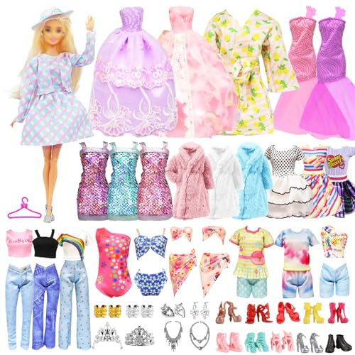 56 Kleidung für Puppen = 1 Fashion Kleid Set 2 Prinzessinnen Kleid 2 Abendkleider Kleider 2 Badenanzug 4 Top Hosen 1 Pyjamas + Schuhe Tasche Kleiderbügel Schmuck Kronen Halskette für 11,5 Zoll Puppen