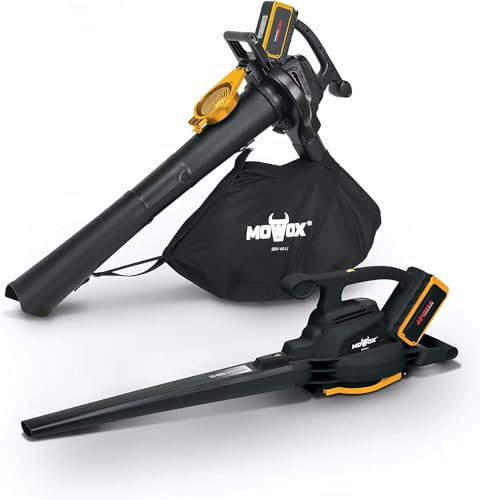 Mowox® EBV 40 Li kraftvoller 40V Akku-Laubbläser mit Boost-, Saug- und Häckselfunktion | 240 km/h Blasgeschwindigkeit | 578 m³/h Saugvolumen | 32 l Fangsack (40V - 2,5Ah Batterie + 1A Ladegerät)