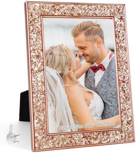 HIKWADERY 4x6 Picture Frame Glitter, Rose Gold Bling 4 by 6 Photo Frames with HD Real Glass, for Wall or Tabletop Display, Family Friends Wedding Father's Day Gift (4 x 6, Rose Gold)