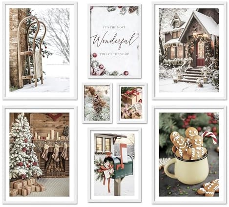 ARTFAVES® Poster Set - CHRISTMAS TIME - mehrteilige Wanddeko Wohnzimmer & Schlafzimmer - 8 moderne Wandbilder Weihnachten, Winter, Schnee, Weihnachtszeit - mit Rahmen Weiss