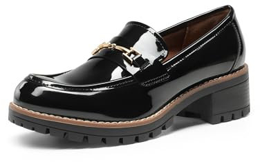 DREAM PAIRS Scarpe da Donna Mocassini Classici con Tacco a Blocco Mocassini con Plateau,Size 43,Nero-Pat,SDLS2410W