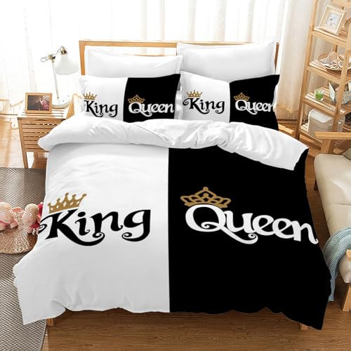 VTRXEG Bettwäsche 135x200 King Und Queen,Schwarzer Und Weißer Couple Bettwäsche,100% Mikrofaser Bettbezug King Queen,mit Reißverschluss1 Bettbezug Und 2 Kissenbezüge (A, 135x200cm)