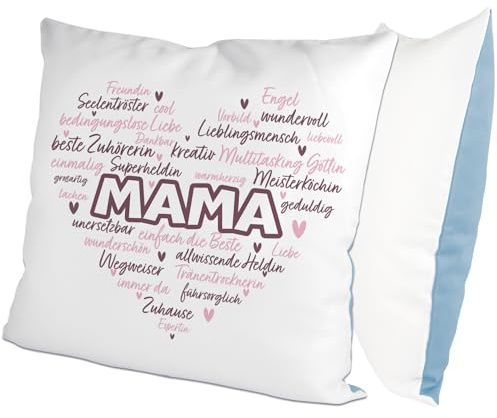glitzertassen.de® | Eigenschaften Einer Mama | Kissen mit Spruch | Geschenk | Muttertag | Kissen mit Druck | Liebe | Deko Kissen | Fotokissen | Kuschelkissen | Weiß/Blau