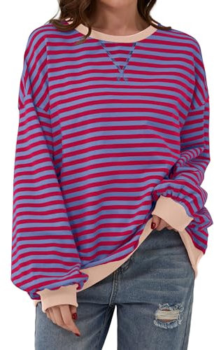 TERIVEEK Women's 2000s Casual Loose Oversized Striped Crewneck Long-Sleeve Sweatshirt, Blue red, M