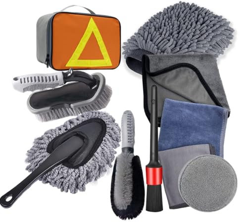 Shkalacar 10 Pièces Lot de Brosse Nettoyage Voiture, Brosse de Détail Automobile, Plumeau de Tableau de Bord, Gants de Lavage, Serviettes, Brosse de Moyeu de Pneu, Tampon Applicateur de Cire