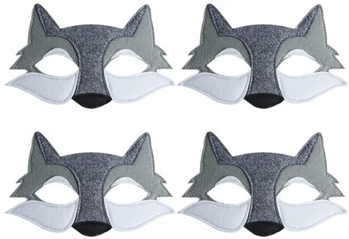DAZZLUXE Lot de 4 Masques de Loup Gris en Feutre, Masque de Fête pour Enfants, Demi-Visage pour Mascarade, Accessoire de Costume d'Halloween pour Cosplay